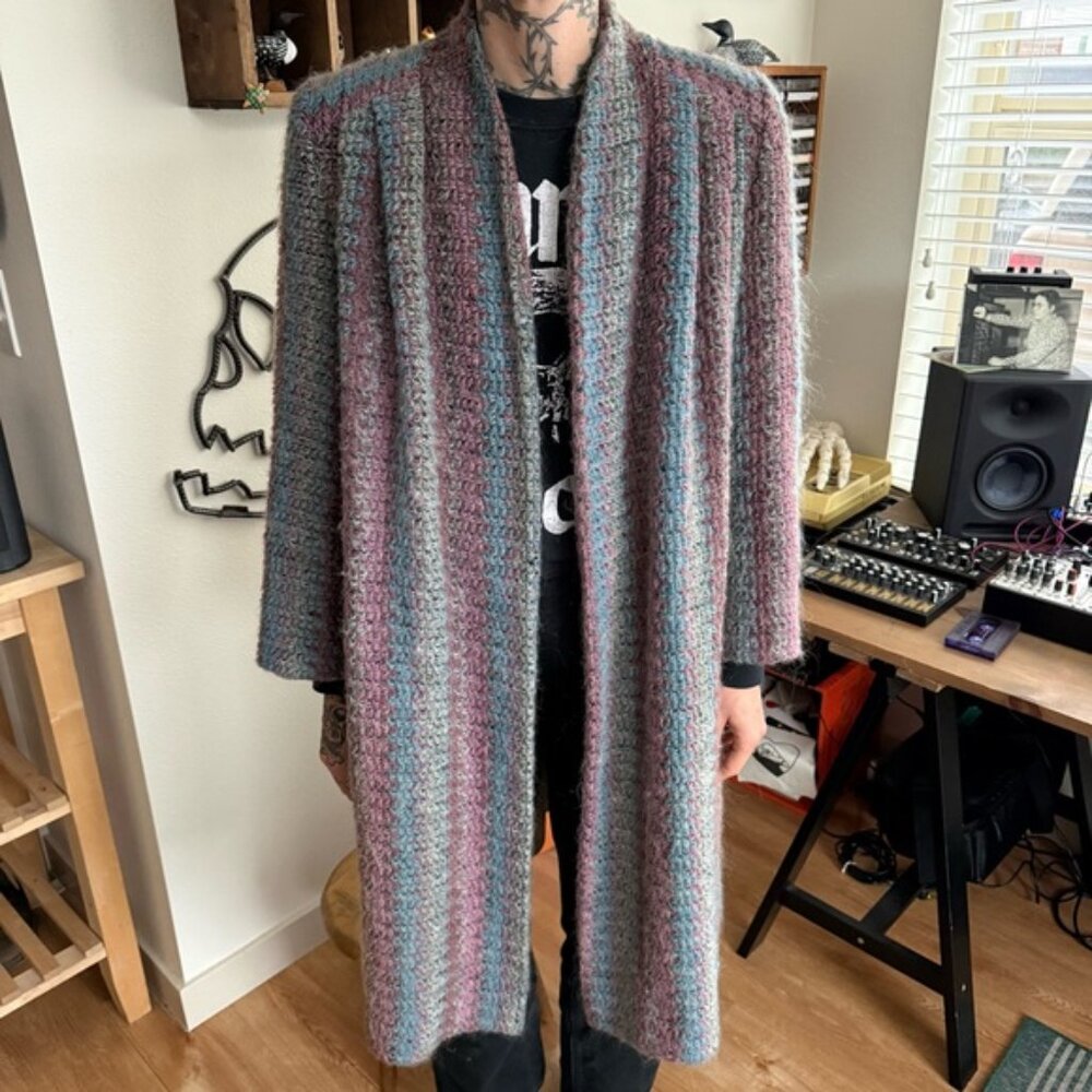💀 SOLD 💀 Vintage 70s Knit Mohair Blend Long Lined Open Cardigan Sweater Jacket S - Picture 5 of 9